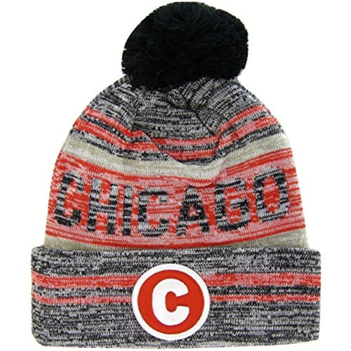 Chicago C Patch Fade Out Cuffed Knit Winter Pom Beanie Hat (Black/Red)