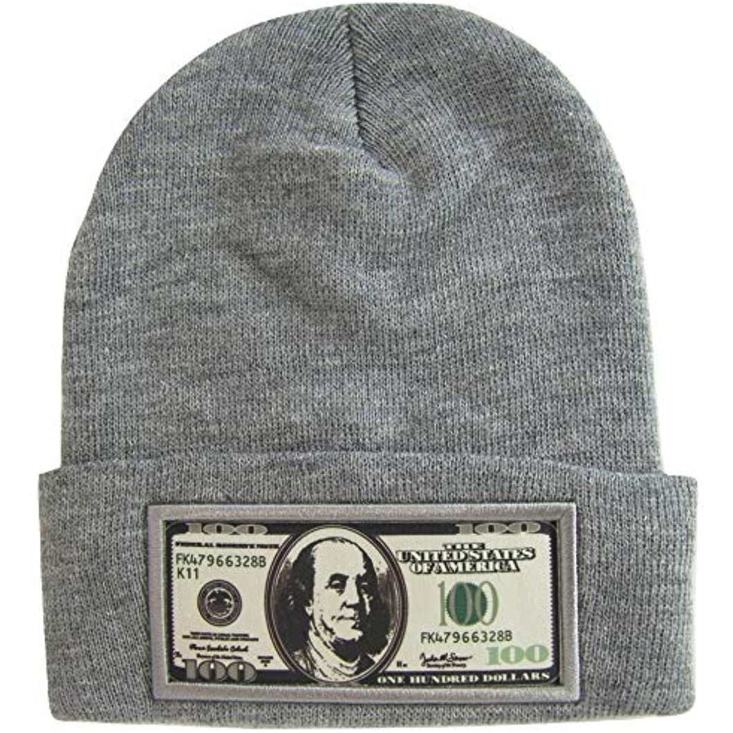 $100 Dollar Bill Ben Franklin Adult Size Winter Knit Cuffed Beanie Hat (Gray)