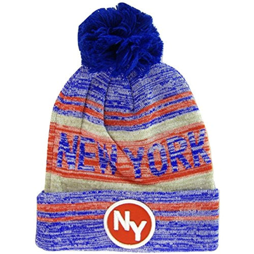 New York NY Patch Fade Out Cuffed Knit Winter Pom Beanie Hat (Royal/Red)