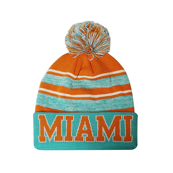 Miami Men's Blended Stripe Winter Knit Pom Beanie Hat (Aqua/Orange)