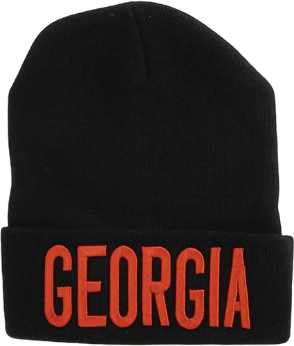 Georgia Adult Size Bold Lettering Winter Knit Cuffed Beanie Hat (Black/Red)