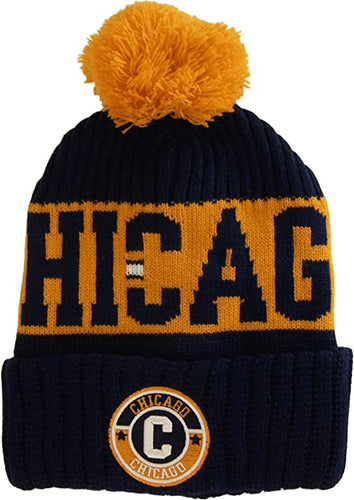 Chicago City Name Three Stripe Circular Patch Pom Beanie Winter Hat (Dark Blue/Orange)