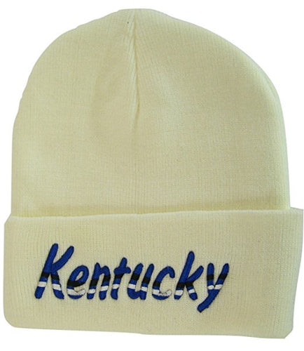 Kentucky Adult Size Wavy Script Winter Knit Beanie Hat (White)