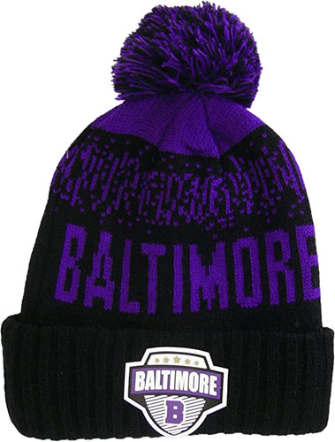 Baltimore City Name Rubber Patch Ribbed Winter Knit Pom Beanie (Purple/Black)