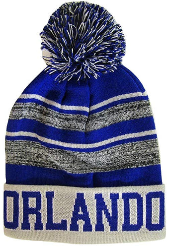 Orlando Men's Blended Stripe Winter Knit Pom Beanie Hat (Royal/Light Gray)