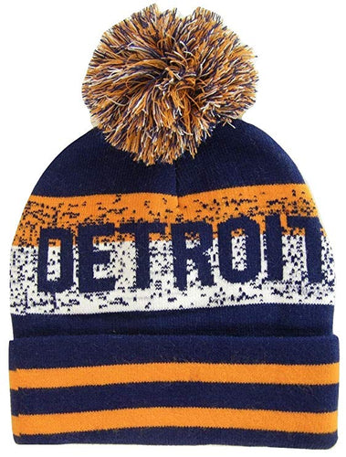 Detroit Pixelated Adult Size Winter Knit Pom Beanie Hat (Navy/Orange)