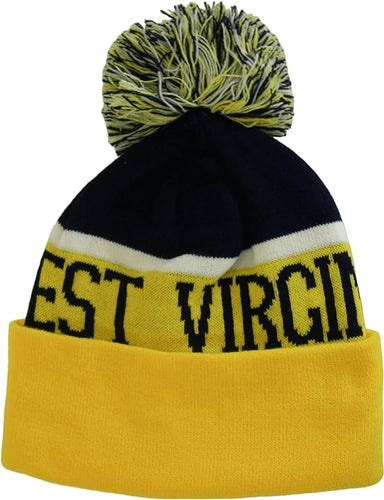 West Virginia Wide Stripe Winter Knit Pom Beanie Hat (Dark Blue/Gold)