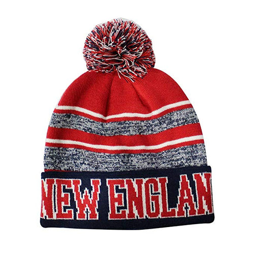 New England Men's Blended Stripe Winter Knit Pom Beanie Hat (Navy/Red)