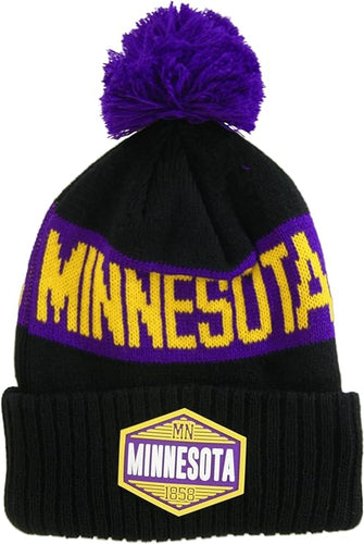 Minnesota Winter Knit 3D Rubber Patch Pom Beanie Hat (Black/Purple)