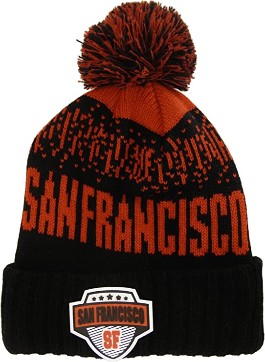 San Francisco City Name Rubber Patch Ribbed Winter Knit Pom Beanie (Black/Red)