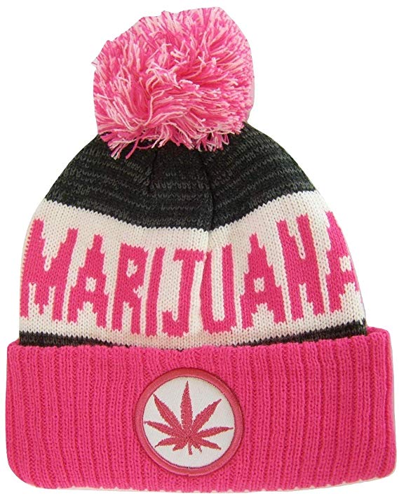 Marijuana Patch Ribbed Cuff Knit Winter Hat Pom Beanie (Pink)