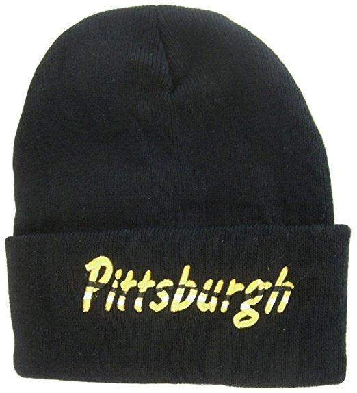 Pittsburgh Adult Size Wavy Script Winter Knit Beanie Hat (Black)