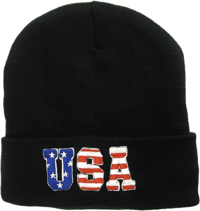 USA Patriotic Plush Lined Knit Winter Beanie Hat with Flag on Back (Black)