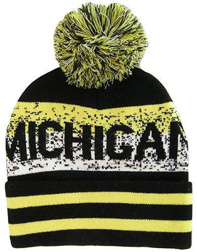 Michigan Pixelated Adult Size Winter Knit Pom Beanie Hat (Black/Gold)