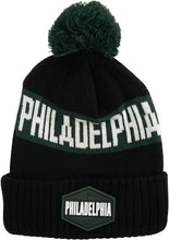 Philadelphia City Name Winter Knit 3D Rubber Patch Pom Beanie Hat (Black/Green)