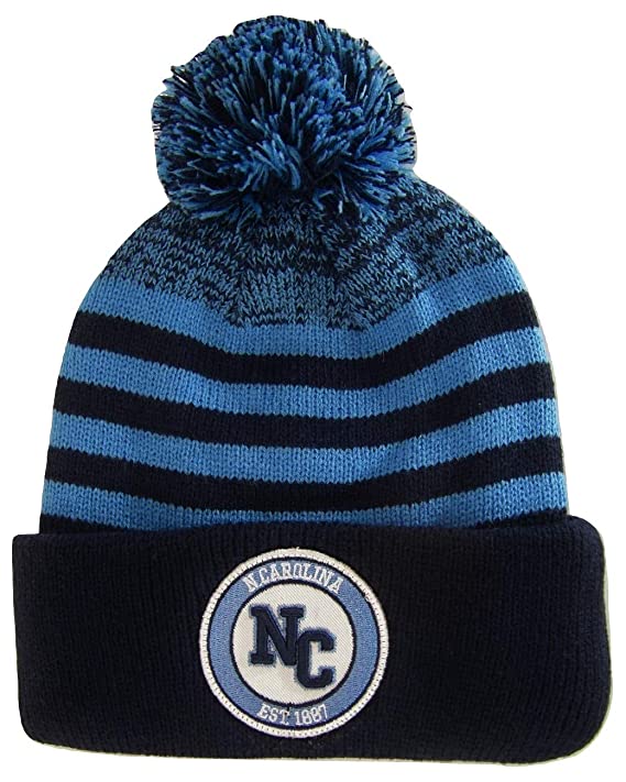 North Carolina Adult Size Striped Winter Knit Beanie Hats (Navy/Light Blue)