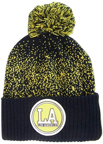 Los Angeles LA Patch Cuff Knit Pom Beanie Winter Hat (Navy/Gold)