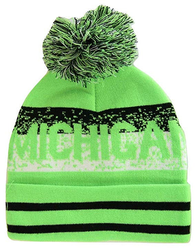 Michigan Pixelated Adult Size Winter Knit Pom Beanie Hat (Green)