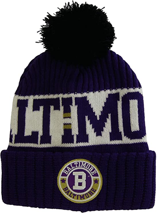 Baltimore City Name Three Stripe Circular Patch Pom Beanie Winter Hat (Purple/Black)