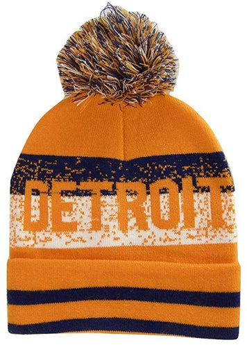 Detroit Pixelated Adult Size Winter Knit Pom Beanie Hat (Orange/Navy)