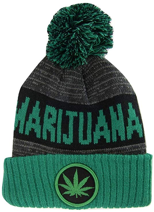 Marijuana Patch Ribbed Cuff Knit Winter Hat Pom Beanie (Green/Black)