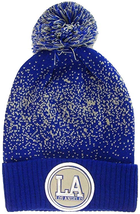 Los Angeles LA Patch Cuff Knit Pom Beanie Winter Hat (Royal/Gray)