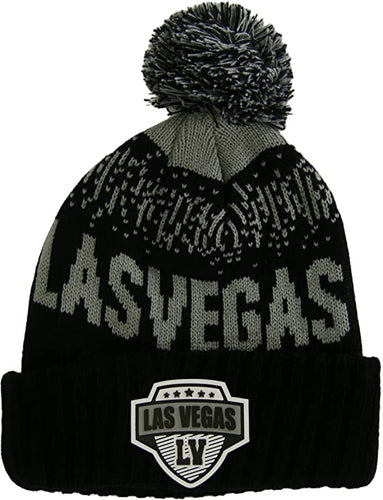 Las Vegas City Name Rubber Patch Ribbed Winter Knit Pom Beanie (Black/Gray)