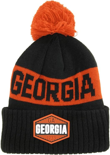 Georgia Winter Knit 3D Rubber Patch Pom Beanie Hat (Black/Red)