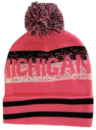 Michigan Pixelated Adult Size Winter Knit Pom Beanie Hat (Pink)