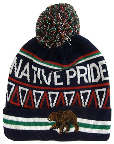 Native Pride Bear Cuffed Knit Winter Hat Pom Beanie (Navy)