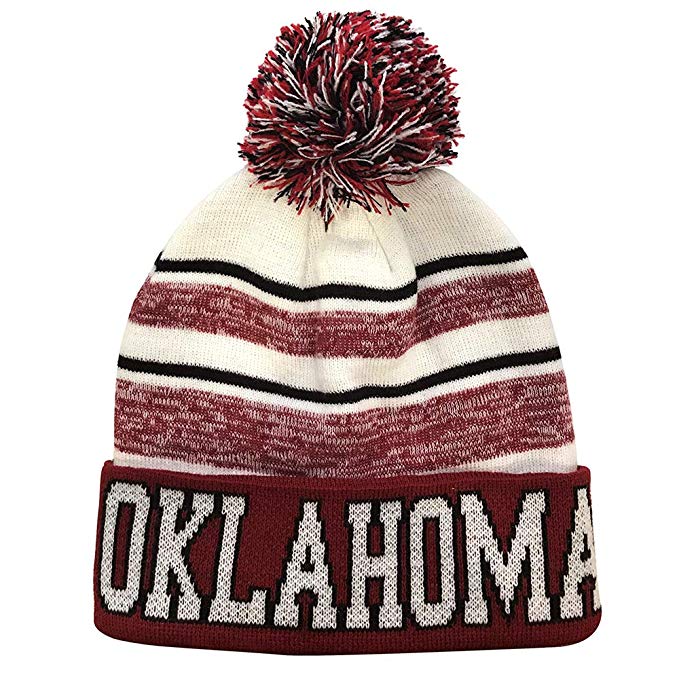 Oklahoma Men's Blended Stripe Winter Knit Pom Beanie Hat (Maroon/White)