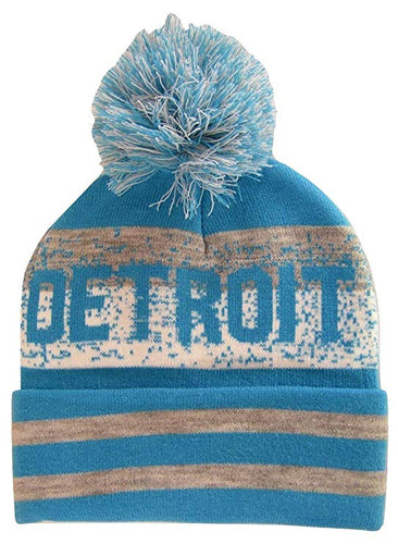 Detroit Pixelated Adult Size Winter Knit Pom Beanie Hat (Light Blue/Gray)