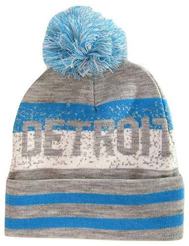 Detroit Pixelated Adult Size Winter Knit Pom Beanie Hat (Gray/Light Blue)