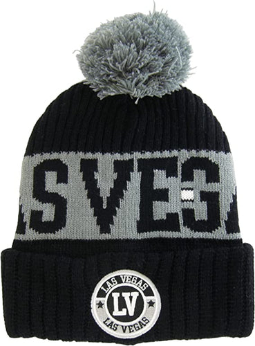 Las Vegas City Name Three Stripe Circular Patch Pom Beanie Winter Hat (Black/Gray)