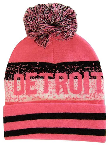 Detroit Pixelated Adult Size Winter Knit Pom Beanie Hat (Pink)