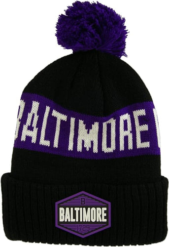 Baltimore City Name Winter Knit 3D Rubber Patch Pom Beanie Hat (Black/Purple)