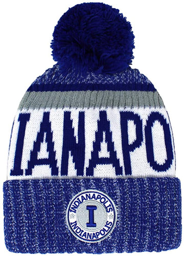 Indianapolis Men's Winter Knit Landmark Patch Pom Beanie (Blue/White)