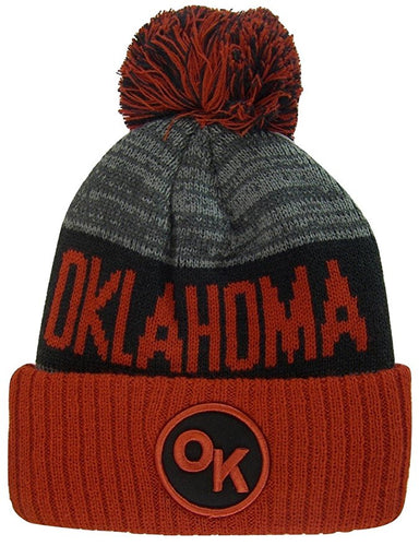 Oklahoma OK Patch Ribbed Cuff Knit Winter Hat Pom Beanie (Burgundy/Black Patch)