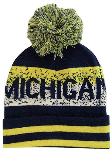 Michigan Pixelated Adult Size Winter Knit Pom Beanie Hat (Navy/Gold)