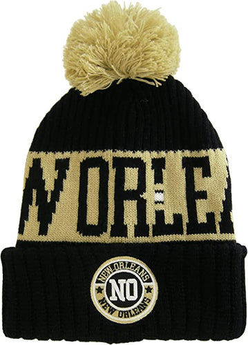 New Orleans City Name Three Stripe Circular Patch Pom Beanie Winter Hat (Black/Khaki)