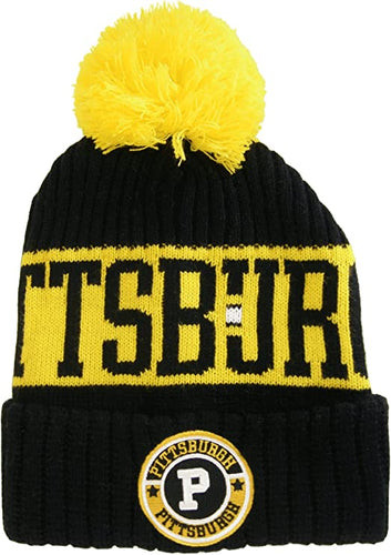 Pittsburgh City Name Three Stripe Circular Patch Pom Beanie Winter Hat (Black/Gold)