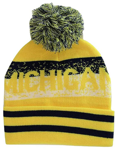 Michigan Pixelated Adult Size Winter Knit Pom Beanie Hat (Gold/Navy)