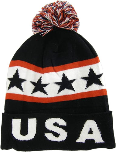 USA Patriotic Adult Size Plush Lined Winter Knit Pom Beanie Hat (Black)