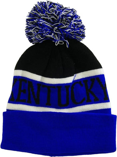 Kentucky Wide Stripe Winter Knit Pom Beanie Hat (Black/Royal Blue)