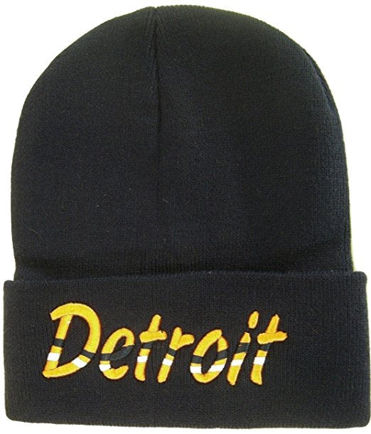 Detroit Adult Size Wavy Script Winter Knit Beanie Hat (Navy)