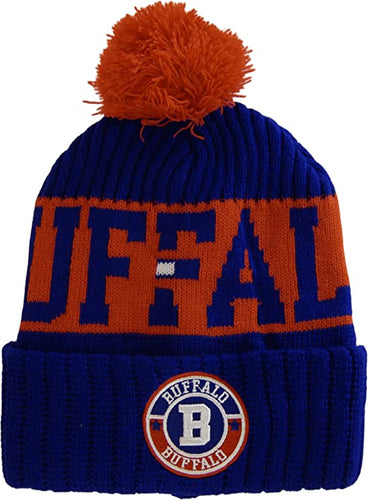 Buffalo City Name Three Stripe Circular Patch Pom Beanie Winter Hat (Royal/Red)