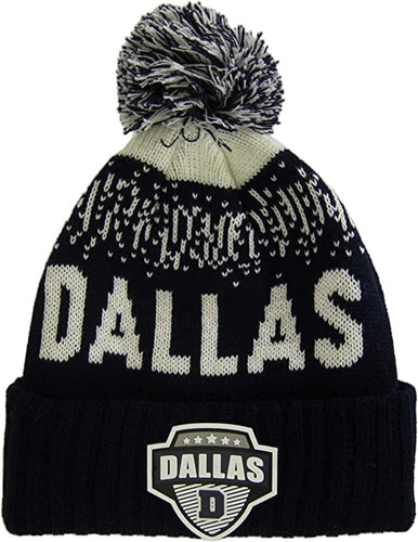 Dallas City Name Rubber Patch Ribbed Winter Knit Pom Beanie (White/Navy)