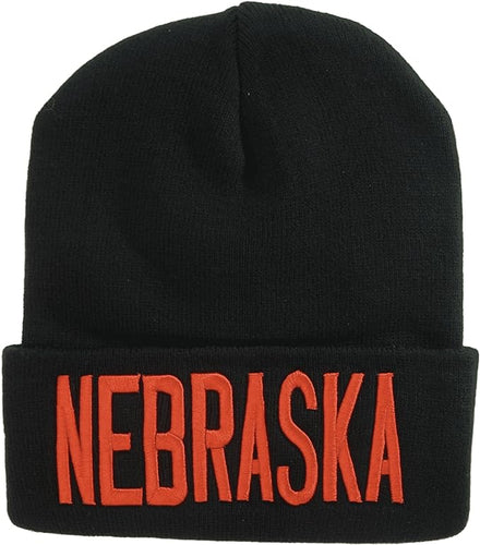 Nebraska Adult Size Bold Lettering Winter Knit Cuffed Beanie Hat (Black/Red)