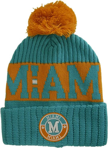 Miami City Name Three Stripe Circular Patch Pom Beanie Winter Hat (Aqua/Orange)