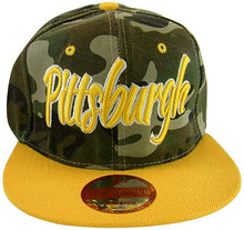 Pittsburgh Cursive Script Men's Adjustable Snapback Baseball Caps (Camo/Gold)